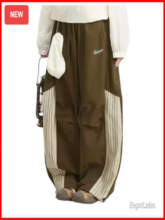Striped Track Pants Baggy Sweatpants Parachute Wide Leg Cargo with Drawstring - Picture 2 of 6